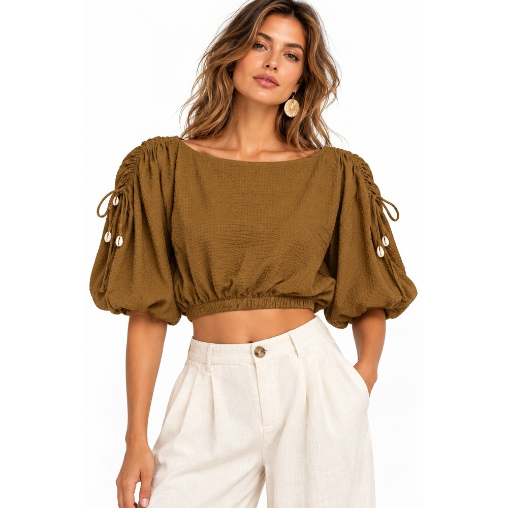 Marysia Resort Women XS Brown Seersucker Puff Sleeve Cropped Top Cowrie Shells